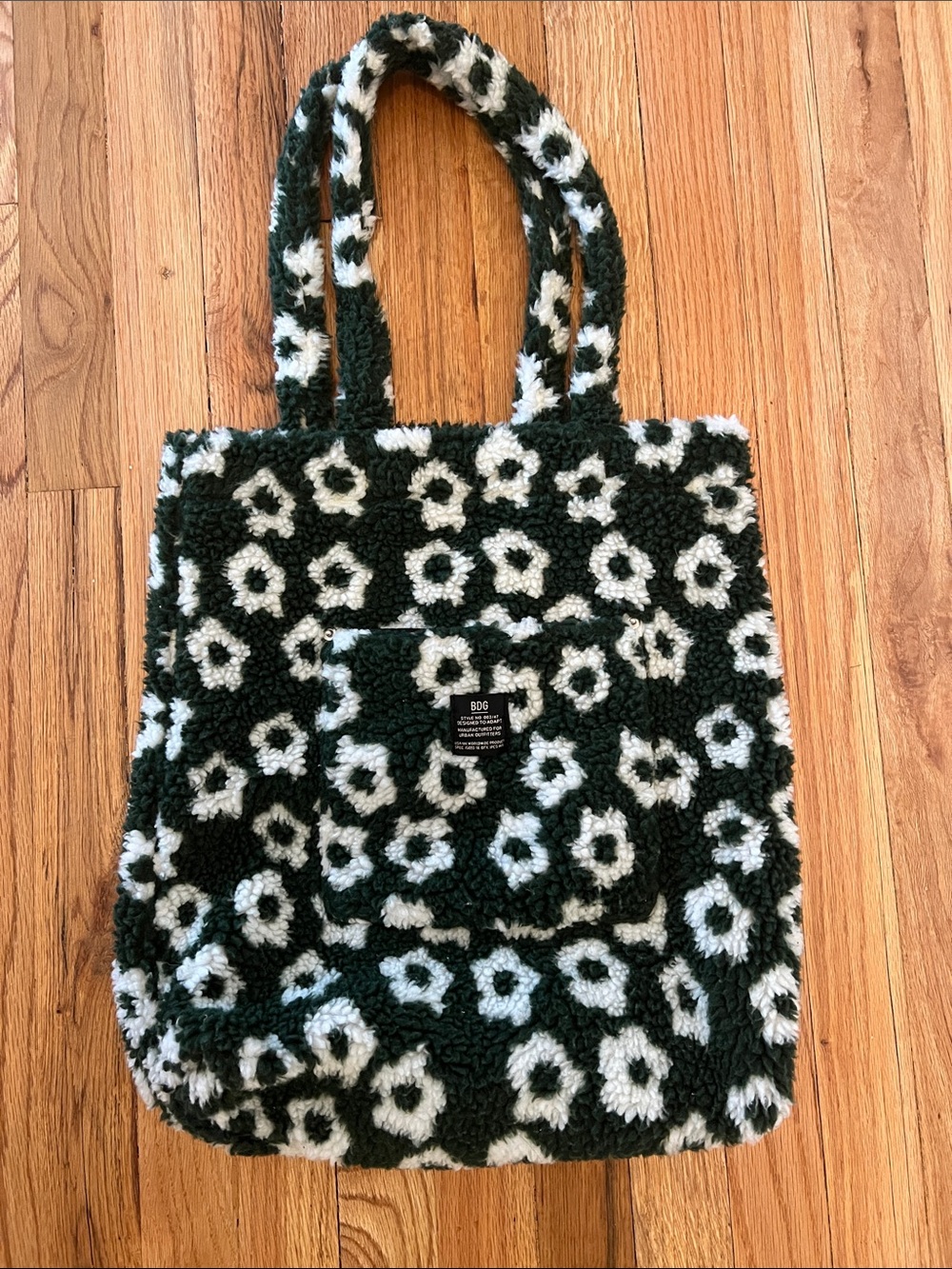 BDG Dark Green & White Floral Sherpa Tote